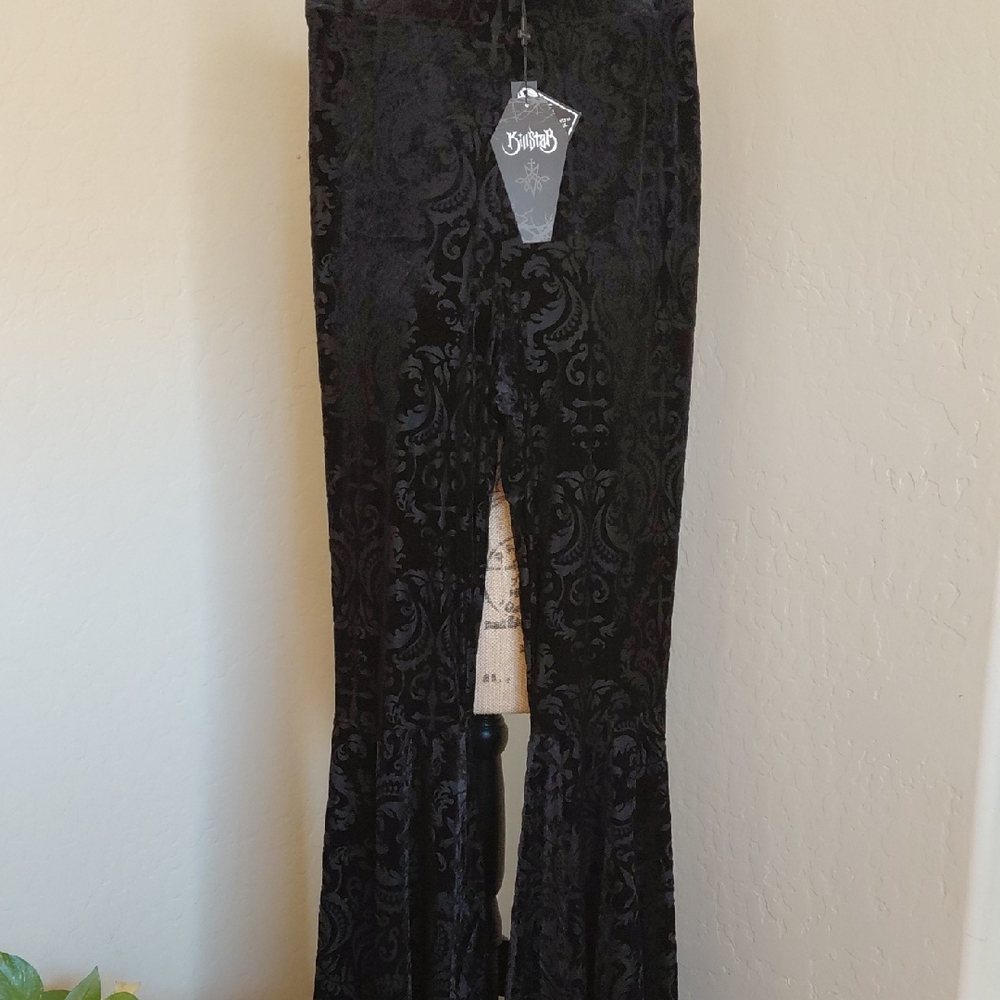 KILLSTAR 4X BLACK MISERIA SUPER FLARES ELASTIC WAIST INVERTED CROSS AND FLORAL - Picture 1 of 12